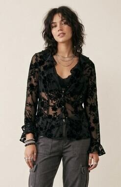 VTG 90s Y2K Virgo Black Sheer Velvet Burnout Ruffle Floral Top Size 8 Whimsigoth